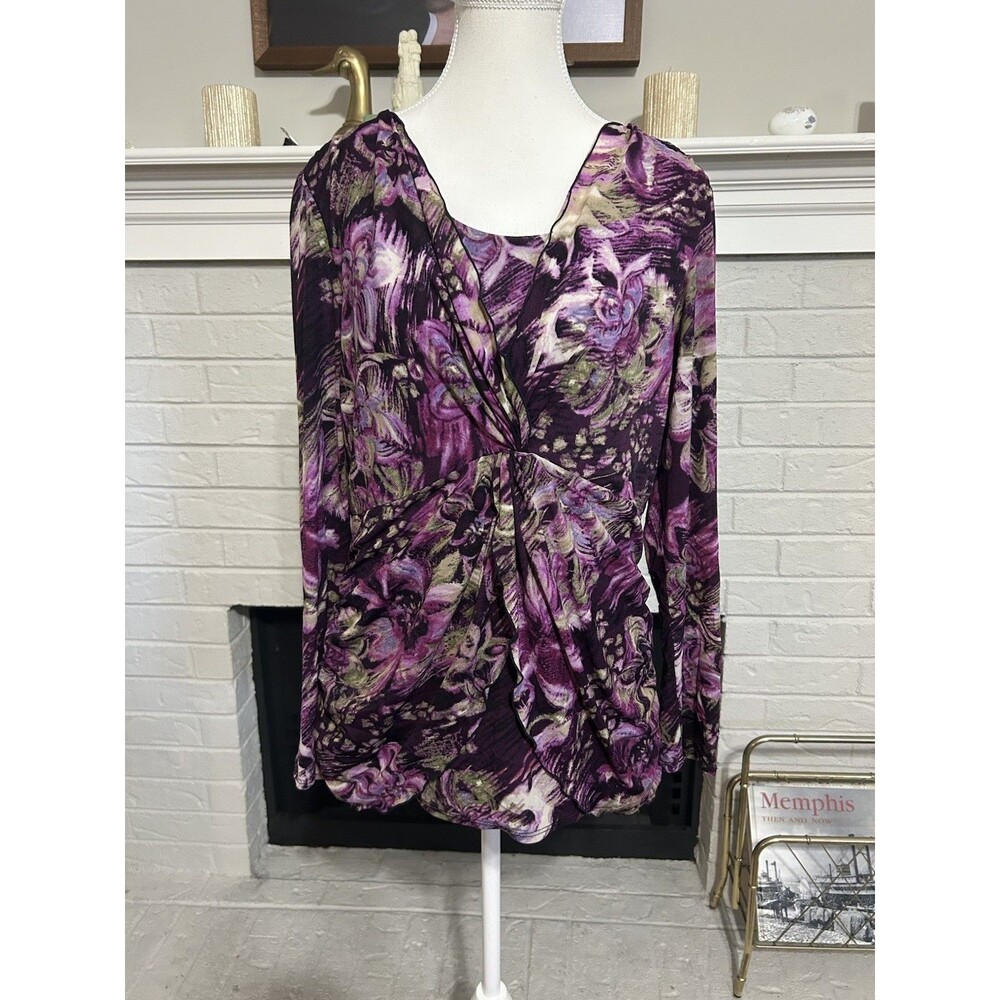 Vtg Y2K Large Purple Fairy Boho Babydoll Floral Top Long Sleeve Hippie Whimsical